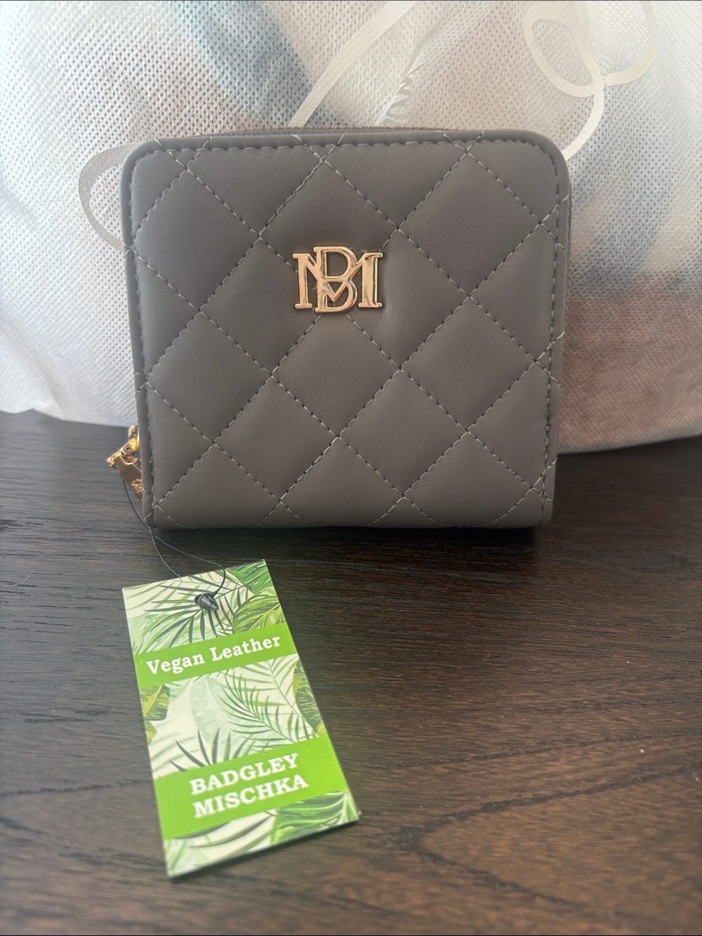 Badgley Mischka Quilted Gray Vegan Leather Wallet with Gold Logo